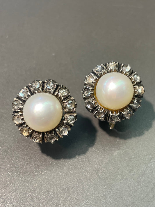 Antique French 18K Yellow Gold 9.0 mm Pearl 1.8 CTW Diamond Halo Earring