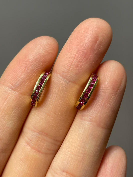 18K Yellow Gold Ruby Hoop Earring