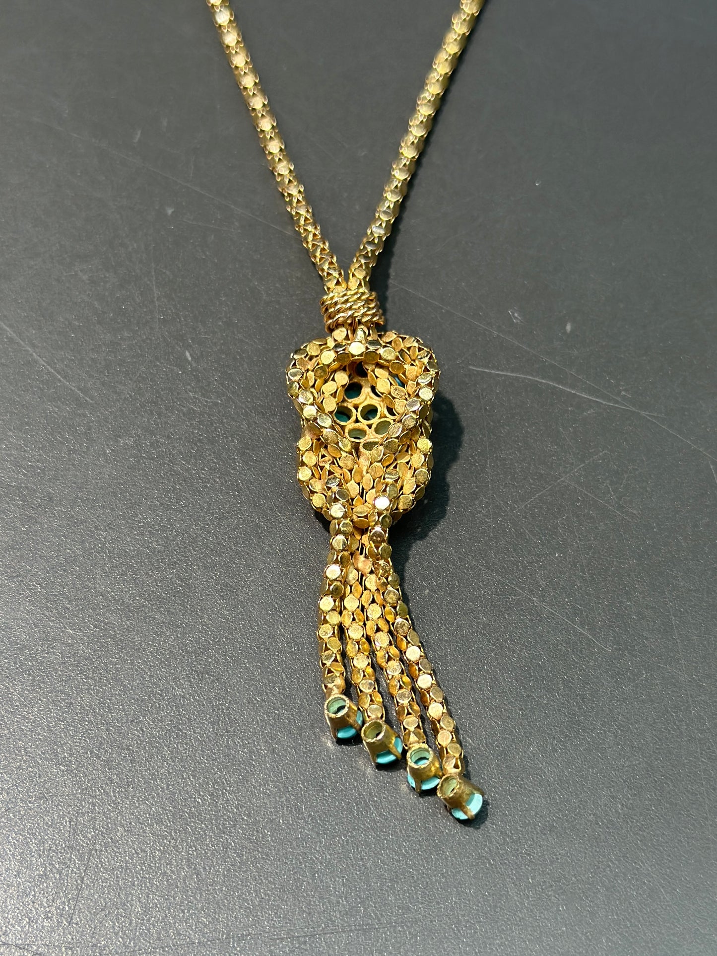 Retro 18K Yellow Gold Turquoise Popcorn Chain Tassel Necklace