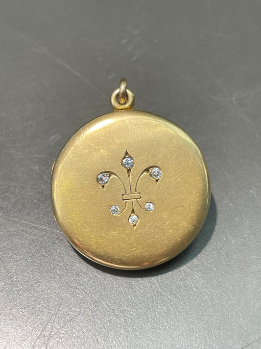 Antique 14K Gold 0.18 CTW Diamond Fleur De Lis Locket Pendant