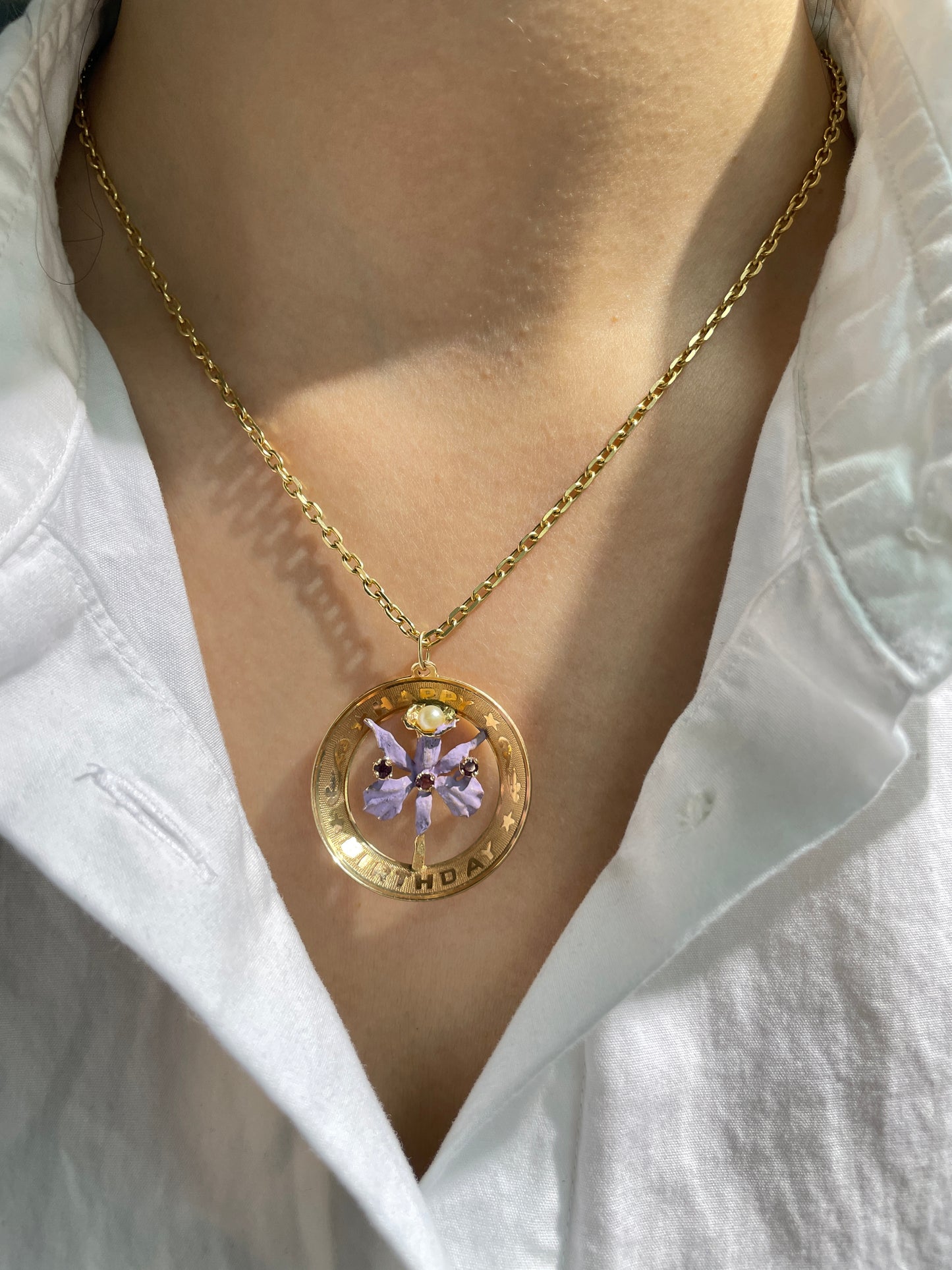 Vintage 14K Gold Flower Enamel Happy Birthday Charm
