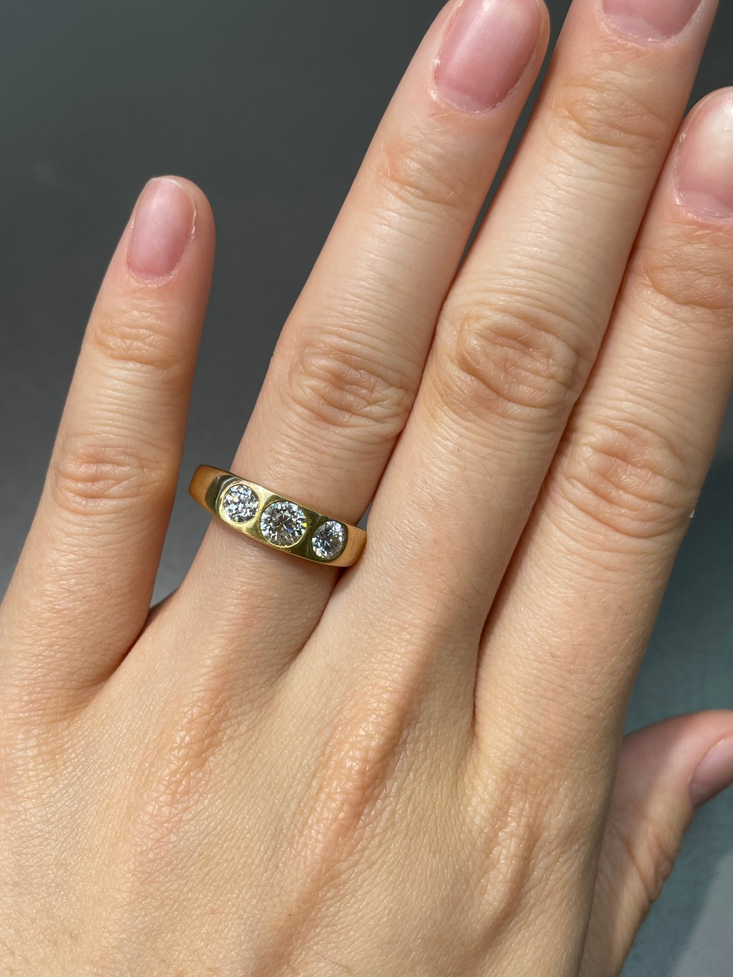 Antique 14K Gold Three Stone Old Mine Cut Diamond Gypsy Ring
