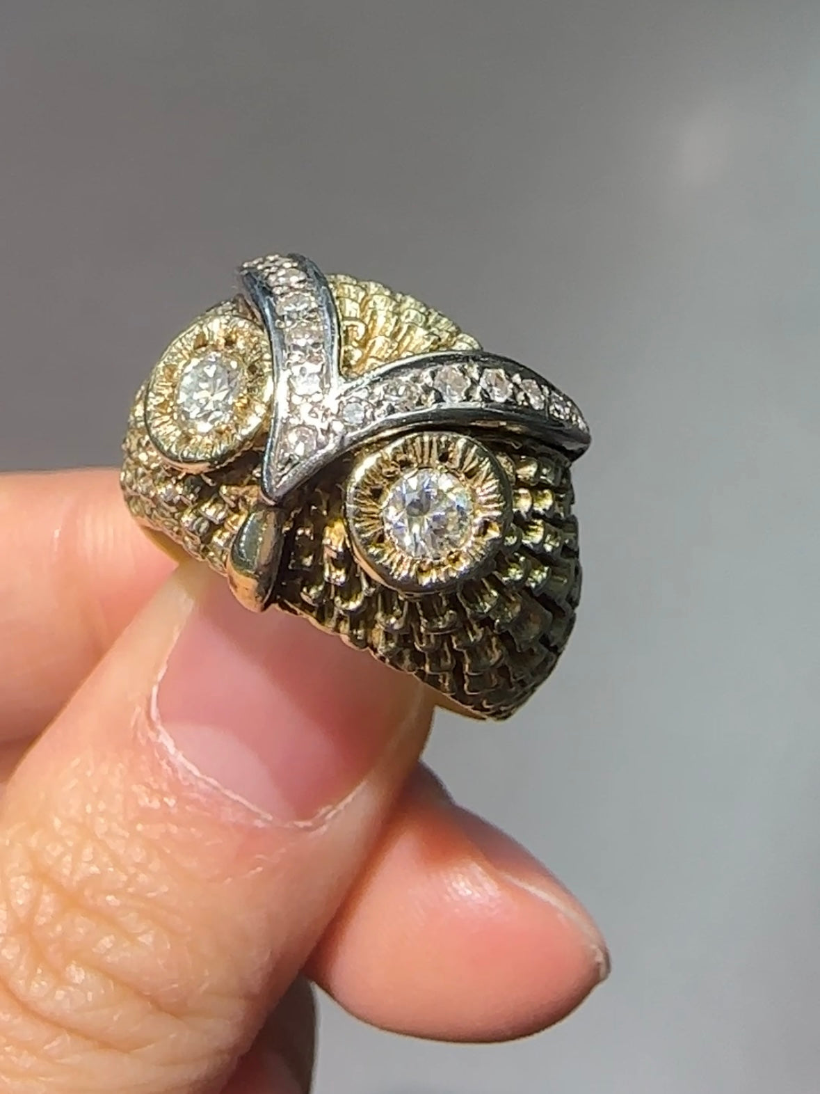 复古 14K 黄金 0.65 CTW 钻石猫头鹰戒指
