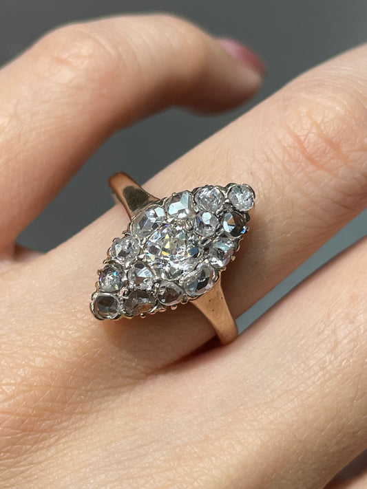 Antique Edwardian 14K Yellow Gold 1.45 CTW Diamond Navette Cluster Ring