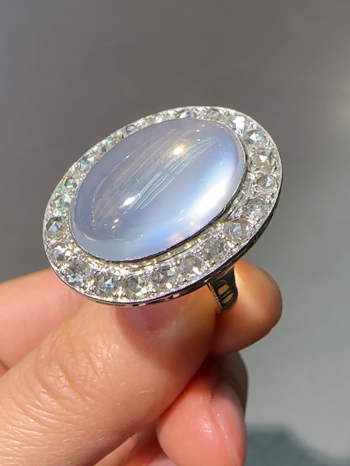 Edwardian 14K White Gold 13.2 CTW Ceylon Moonstone Rose Cut Diamond Halo Ring