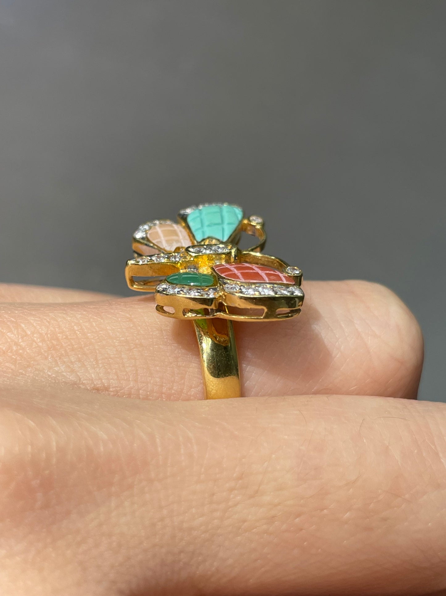 Vintage 18K Yellow Gold Multi Gemstone Butterfly Ring