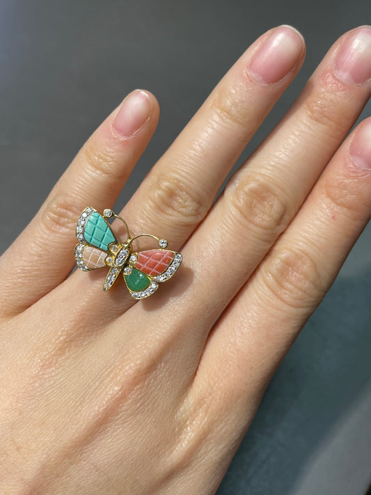 Vintage 18K Yellow Gold Multi Gemstone Butterfly Ring