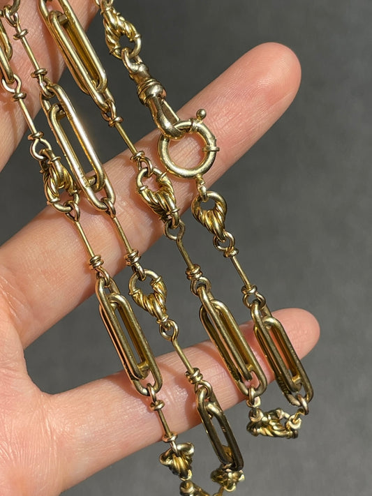 Collier de chaîne de montre Albert à motif bicolore Art déco en or 14 carats