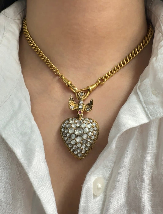 Antique 14K Yellow Gold 4.0 CTW Rose Cut Diamond St. Esprit Heart Pendant