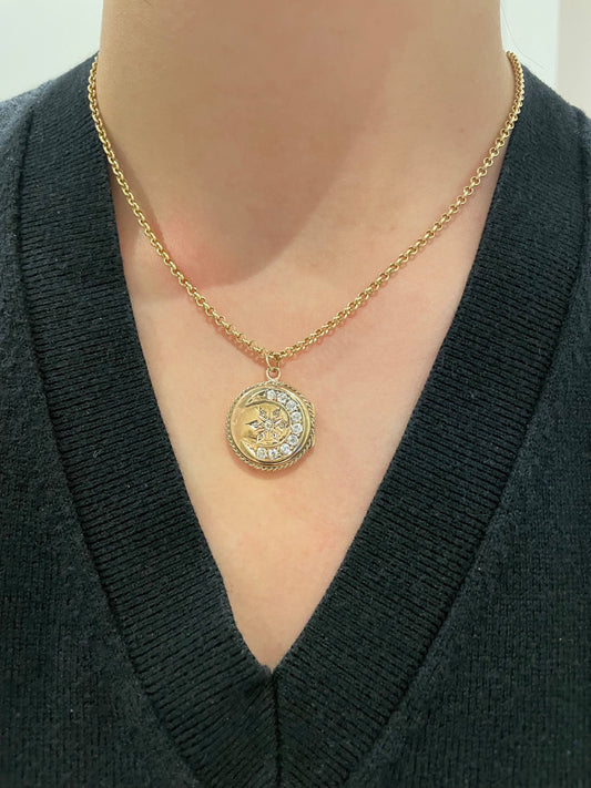 Antique 14K Gold 0.92 CTW Crescent and Star Diamond Locket Pendant