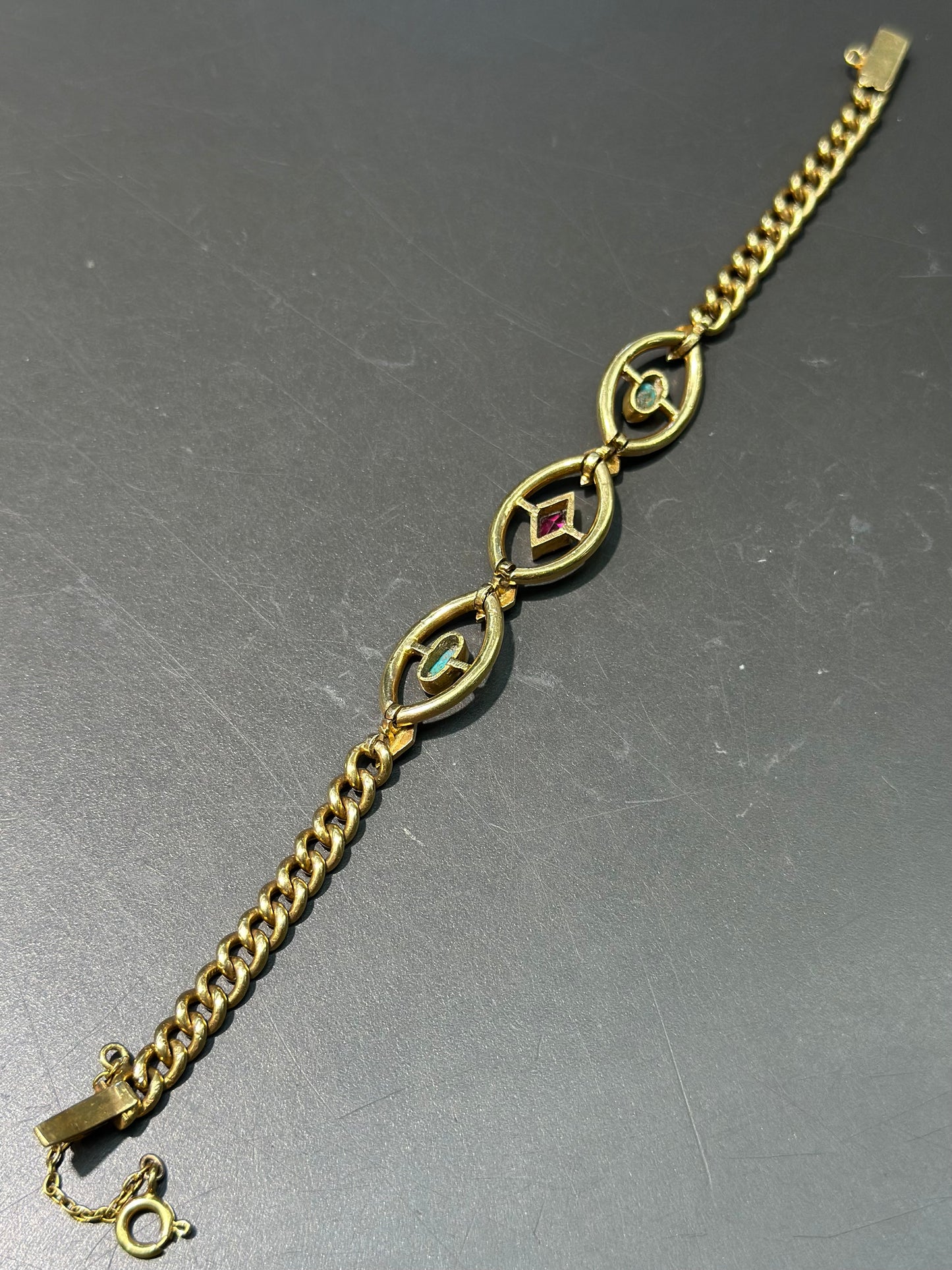 爱德华时代 18K 金红宝石蓝宝石绿松石珍珠链环手链