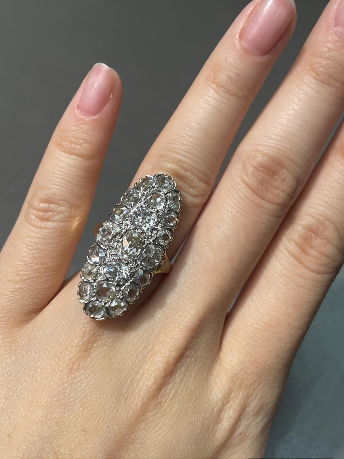 Antique French 18K Yellow Gold 6.5 CTW Old Mine Cut Diamond Oval Cluster Statement Ring