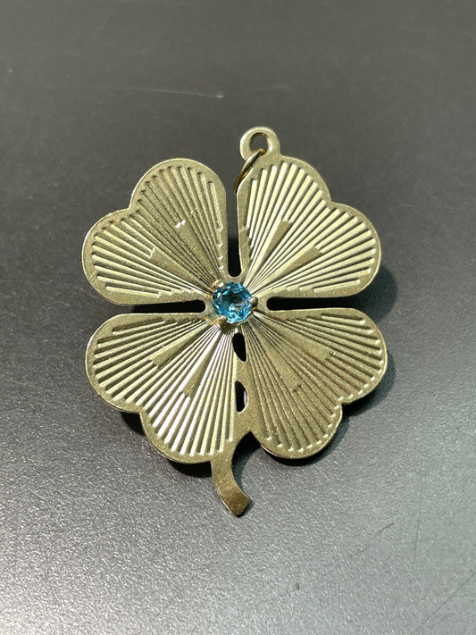 Vintage 14K Gold Large Topaz Engine Turned Clover Charm