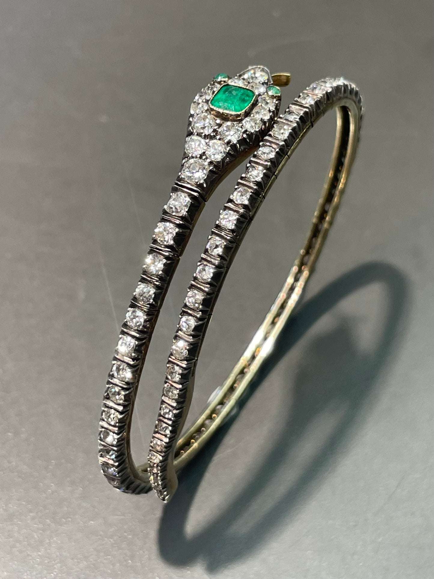 Antique 14K Yellow Gold 4.36 CTW Diamond Emerald Snake Serpentine Bangle