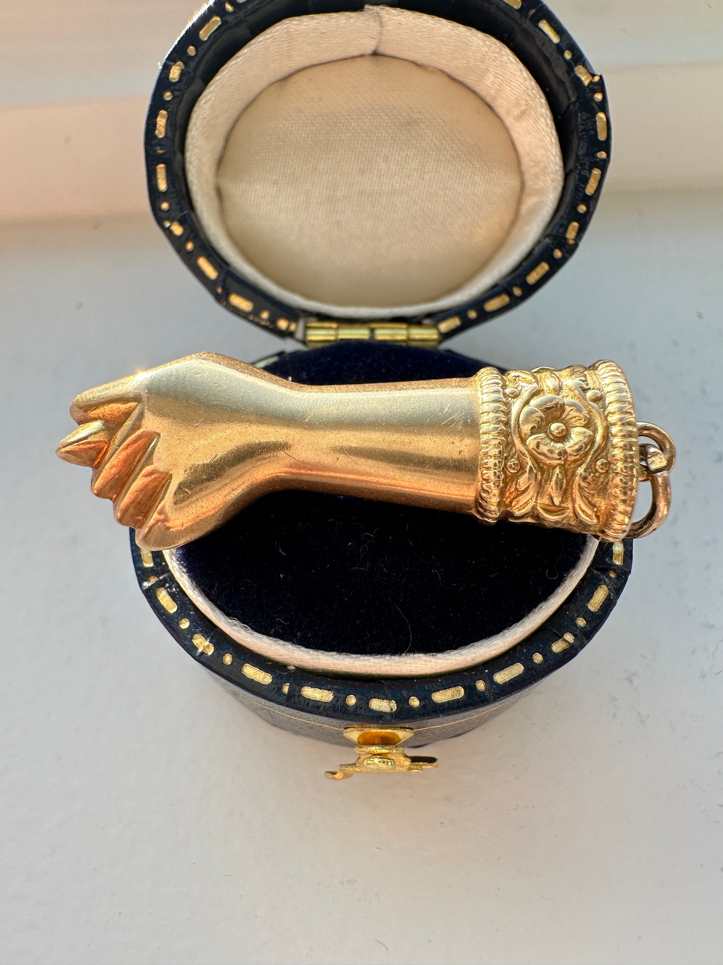Antique 14K Yellow Gold Large Enamel Motif Figa Charm Pendant