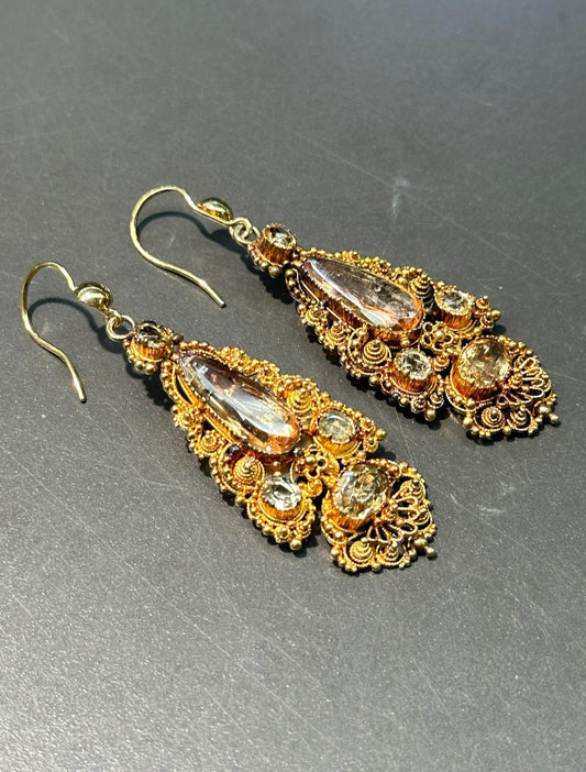 Late Georgian 14K Gold Yellow Topaz Drop Earring