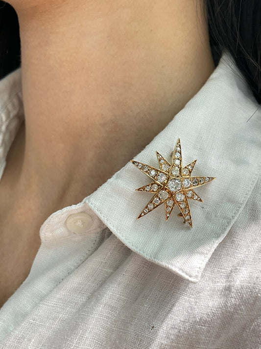 Antique 14K Gold 3.30 CTW Diamond Starburst Pendant Brooch
