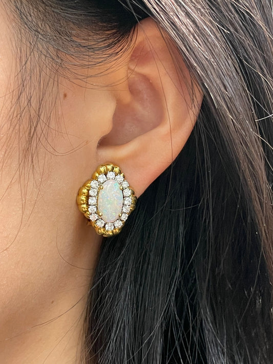 Vintage 18K Yellow Gold Opal 1.6 CTW Diamond Halo Earrings