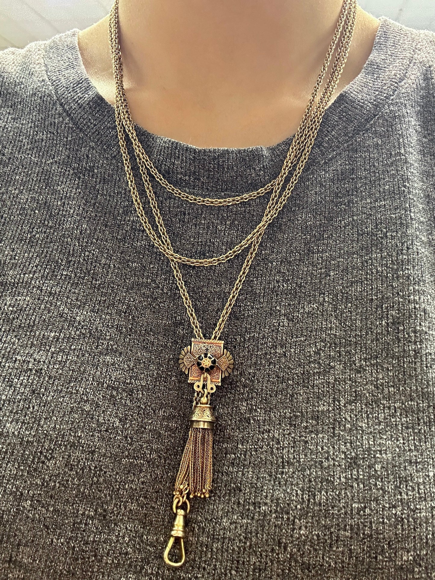 Victorian 14K Yellow Gold Tassel Longuard Watch Chain Necklace