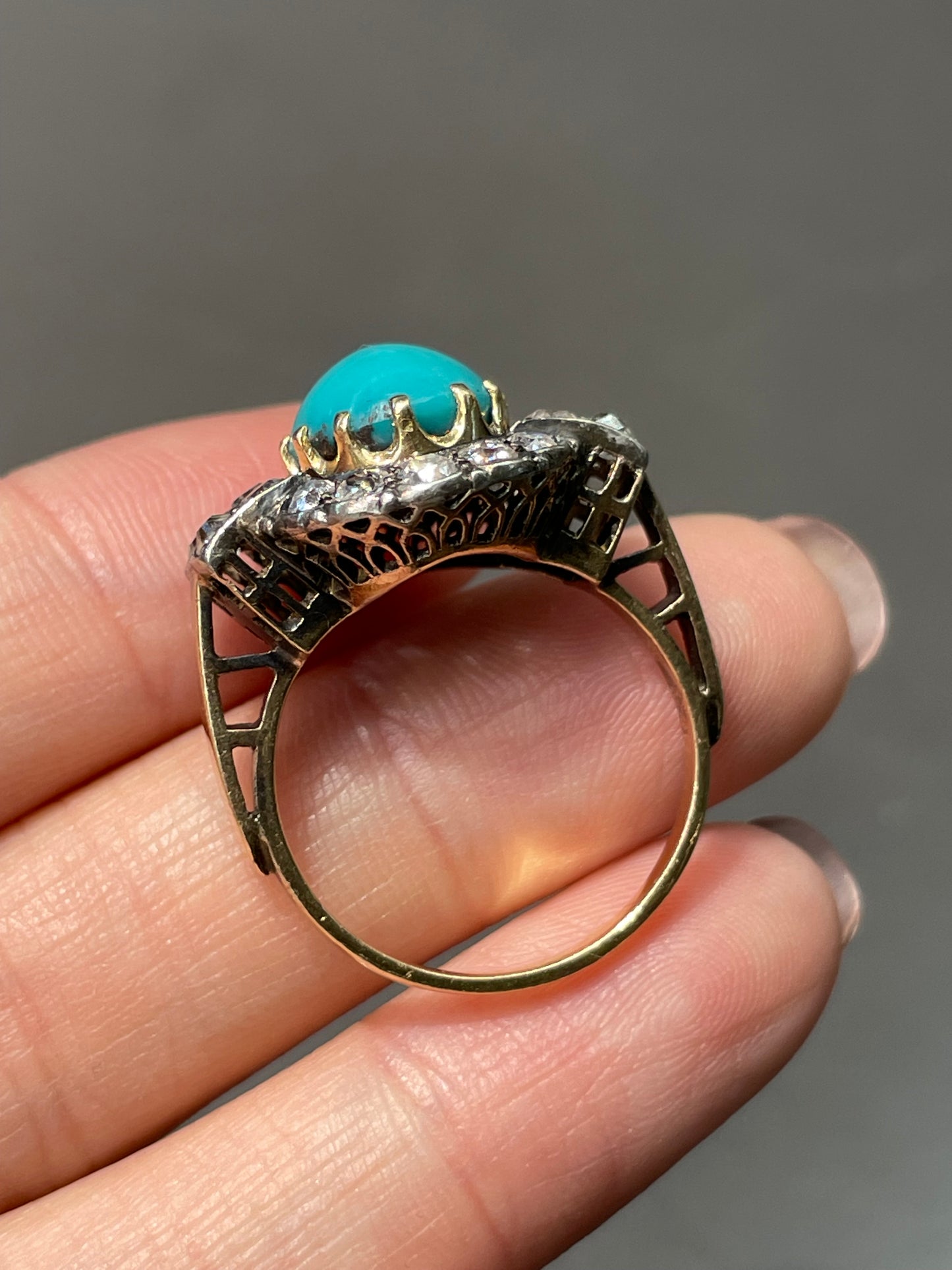 Antique Edwardian 14K Yellow Gold Turquoise 1.62 CTW Diamond Ring
