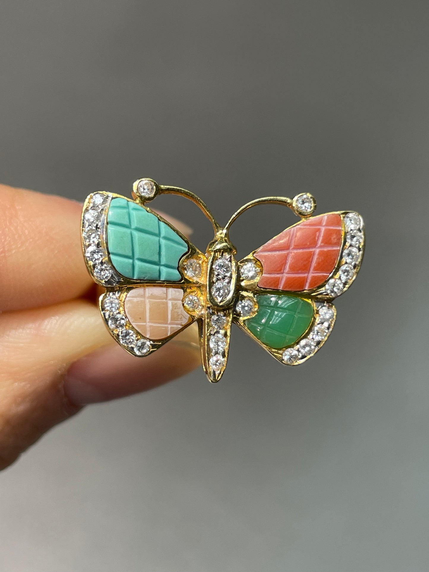 Vintage 18K Yellow Gold Multi Gemstone Butterfly Ring