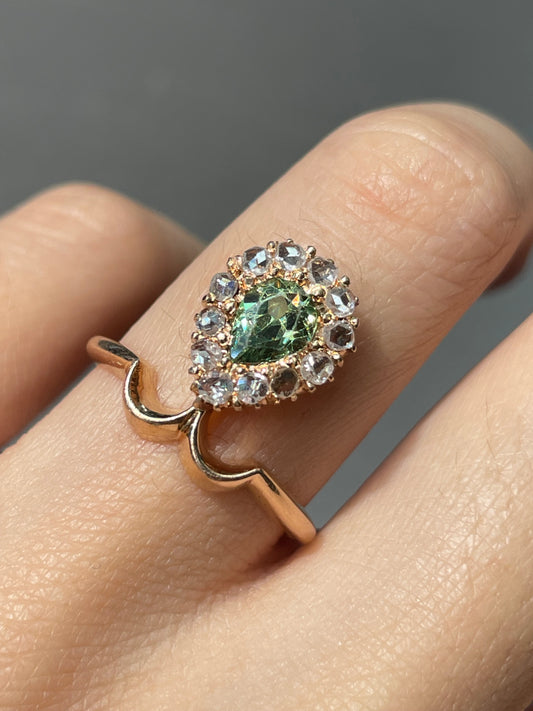 Antique Russian 14K Yellow Gold 0.71 CTW Drop Demantoid Garnet Diamond Halo Tiara Ring