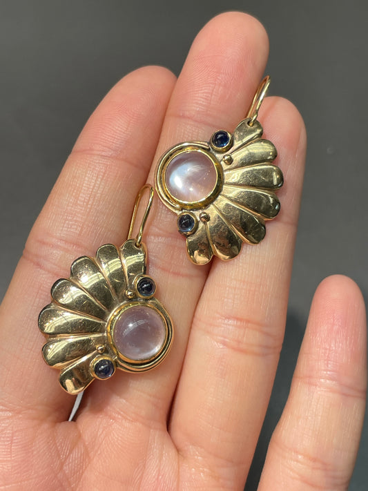 Retro 14K Gold Moonstone Sapphire Earring