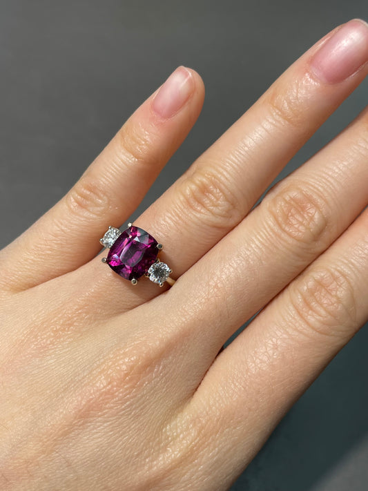 14K White Gold 4.20 CT Rhodolite Diamond Trilogy Ring