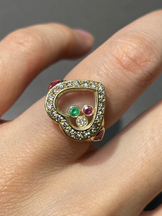 18K Yellow Gold Diamond Sapphire Ruby Floating Heart Ring