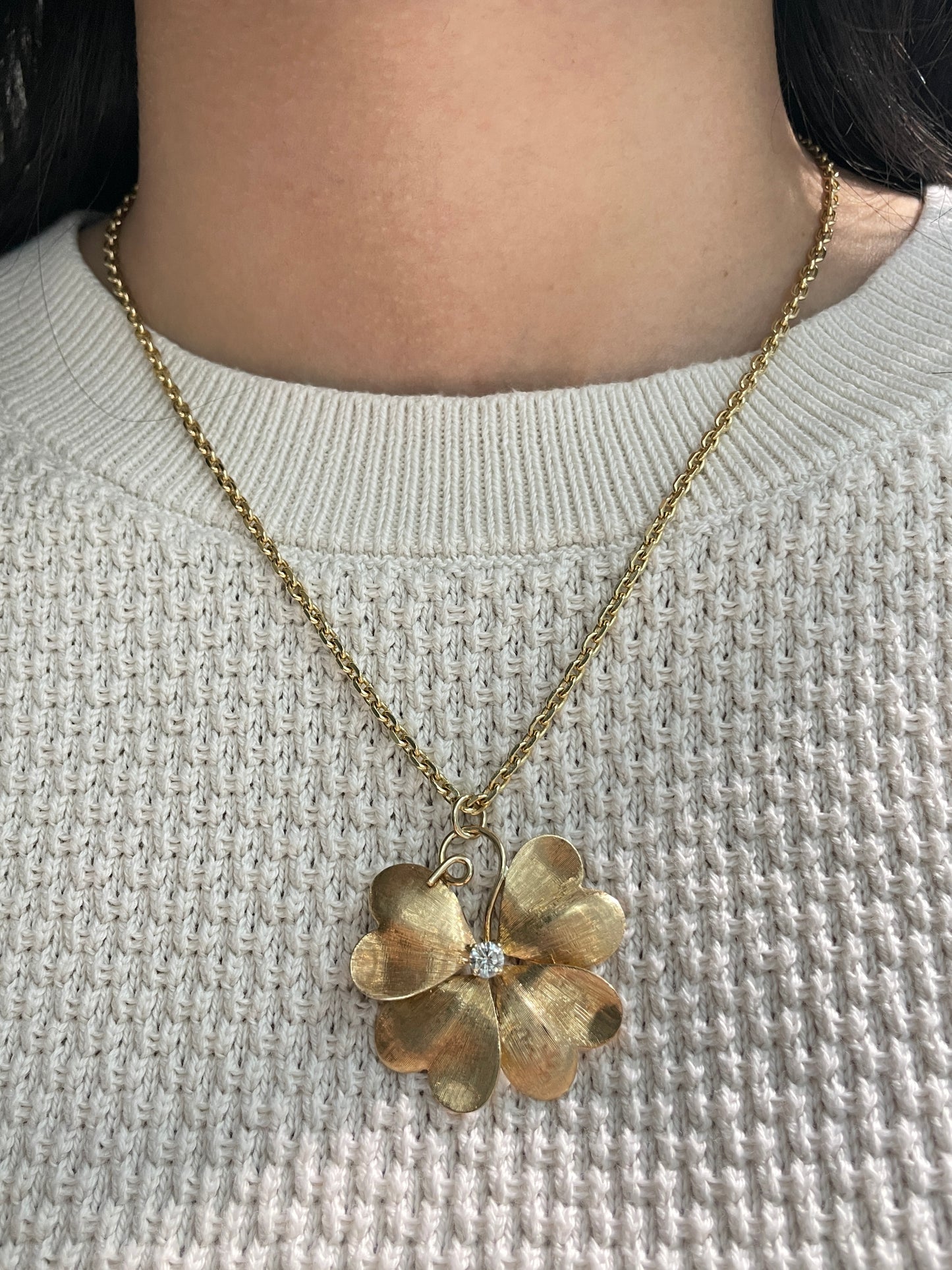 Vintage 14K Yellow Gold 0.35 CTW Diamond Shamrock Clover Pendant