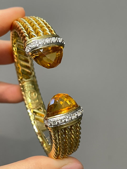David Yurman 18K Gold Citrine Diamond Bypass Bangle Bracelet