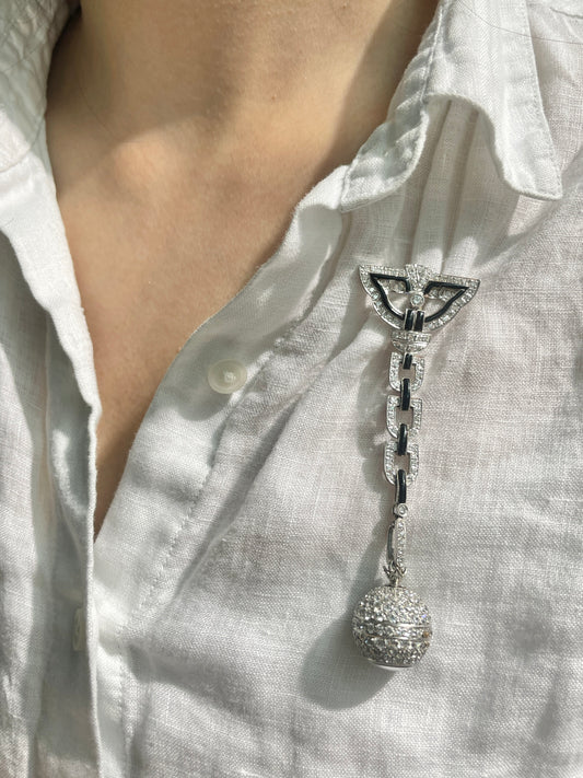 Antique Platinum 7.50 CTW Diamond Onyx Orb Watch Brooch