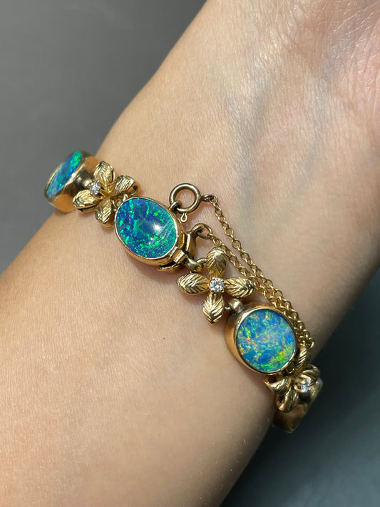 Vintage 14K Yellow Gold Black Opal Diamond Bracelet