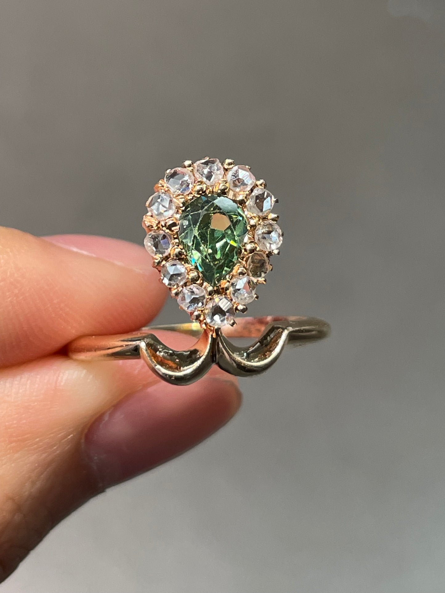 Antique Russian 14K Yellow Gold 0.71 CTW Drop Demantoid Garnet Diamond Halo Tiara Ring