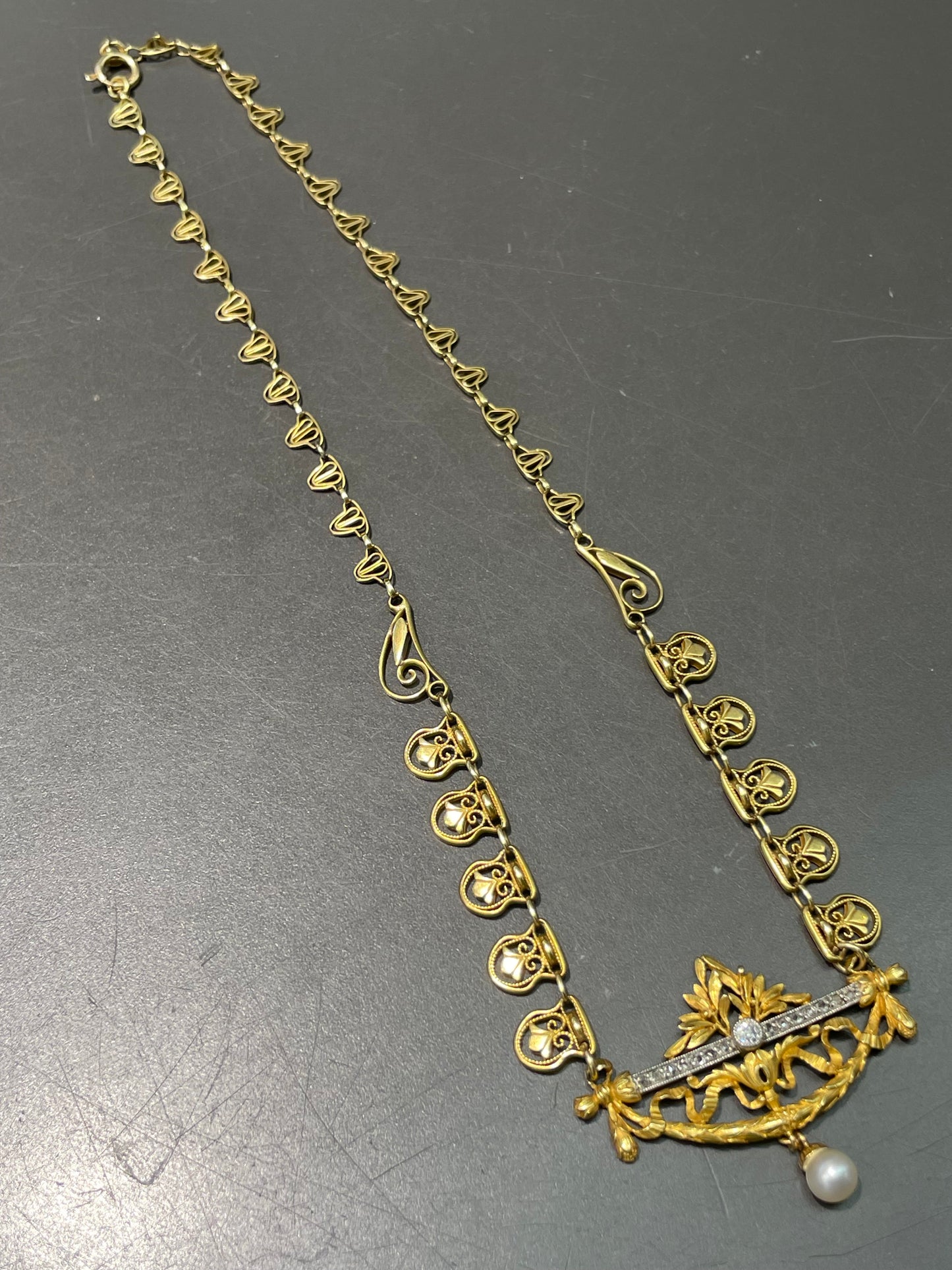 Antique French 18K Yellow Gold Diamond Pearl Filigree Collier Necklace