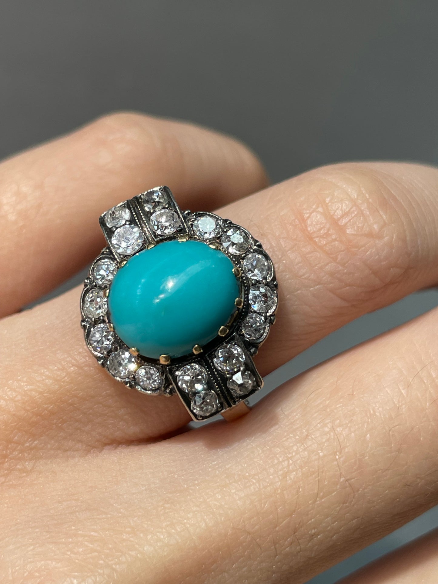 Antique Edwardian 14K Yellow Gold Turquoise 1.62 CTW Diamond Ring