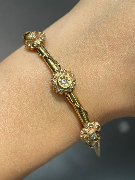Vintage 14K Gold Diamond Starburst Bangle Bracelet