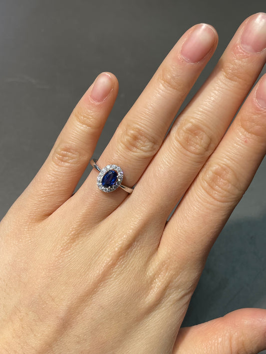 14K White Gold 0.8 CTW Sapphire Diamond Halo Ring