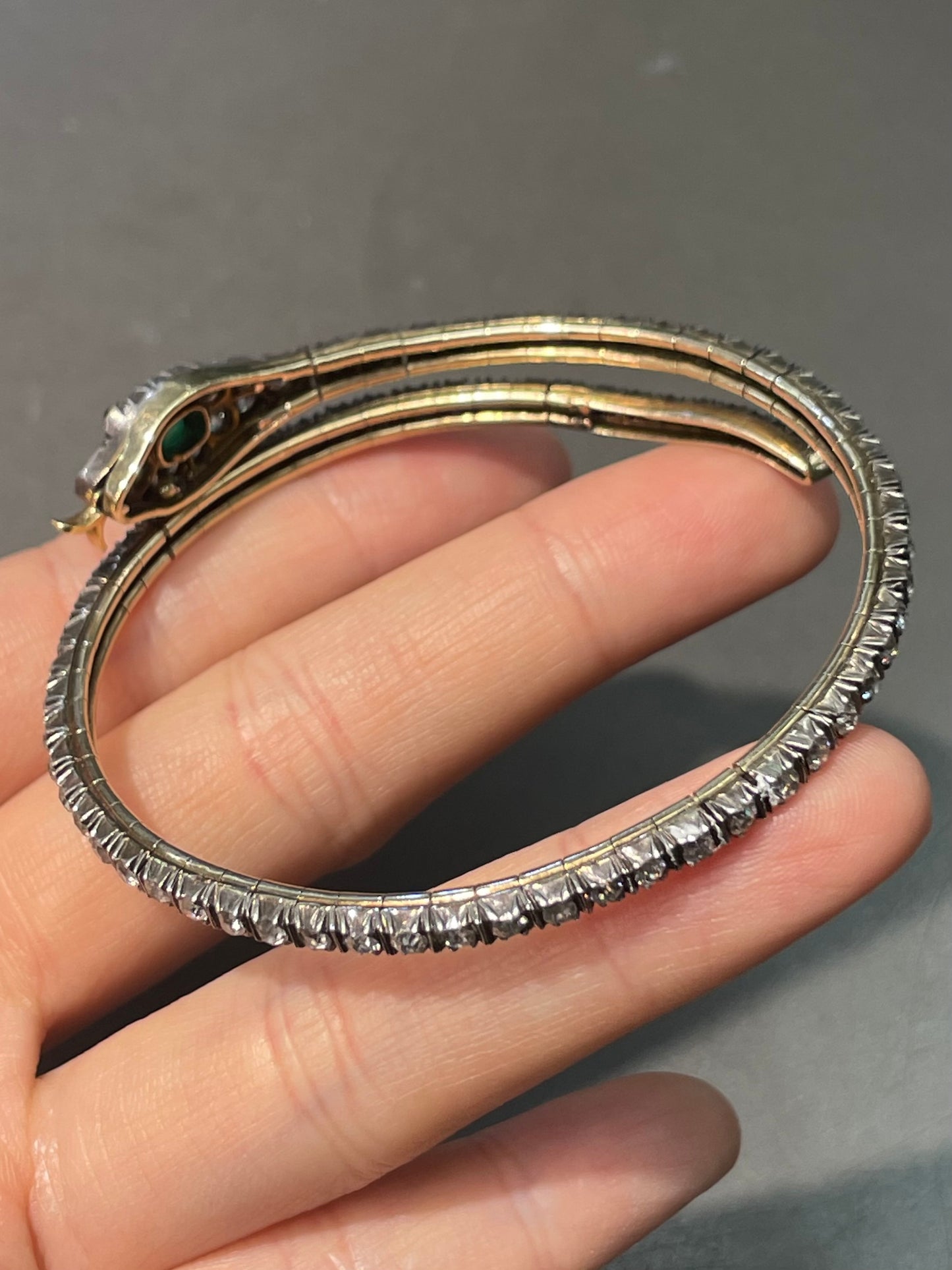 Antique 14K Yellow Gold 4.36 CTW Diamond Emerald Snake Serpentine Bangle