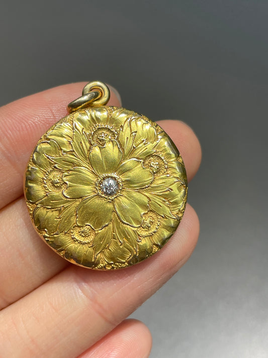 Antique 14K Gold Diamond Floral Engraving Locket Pendant