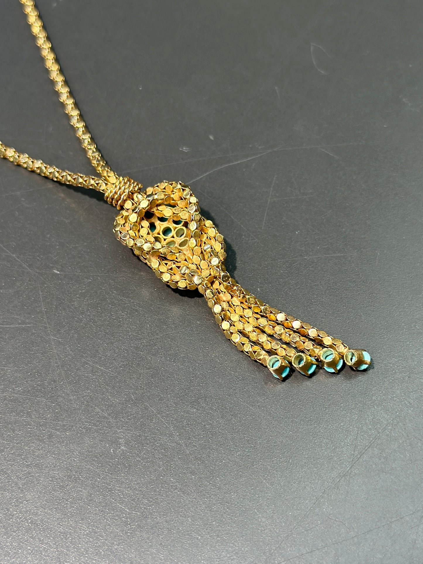 Retro 18K Yellow Gold Turquoise Popcorn Chain Tassel Necklace