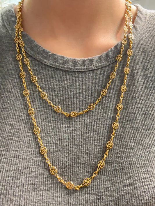 Antique 14K Yellow Gold Filigree Watch Chain Necklace 52.0 inch