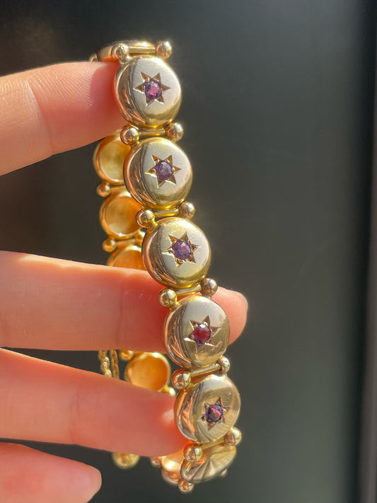 Antique 14K Yellow Fold Amethyst Starburst Button Bracelet