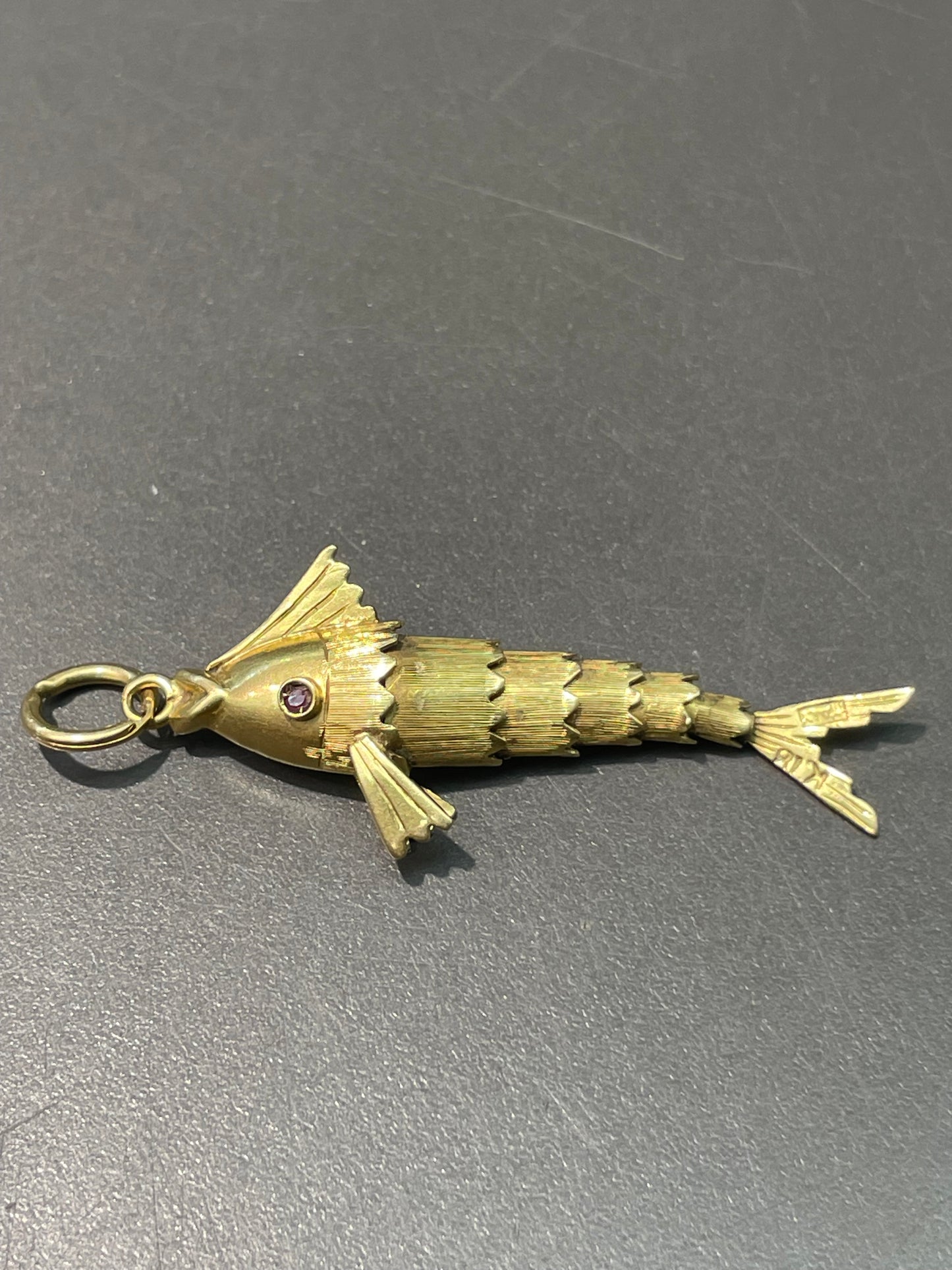 Vintage 18K Yellow Gold Ruby Articulated Fish Pendant