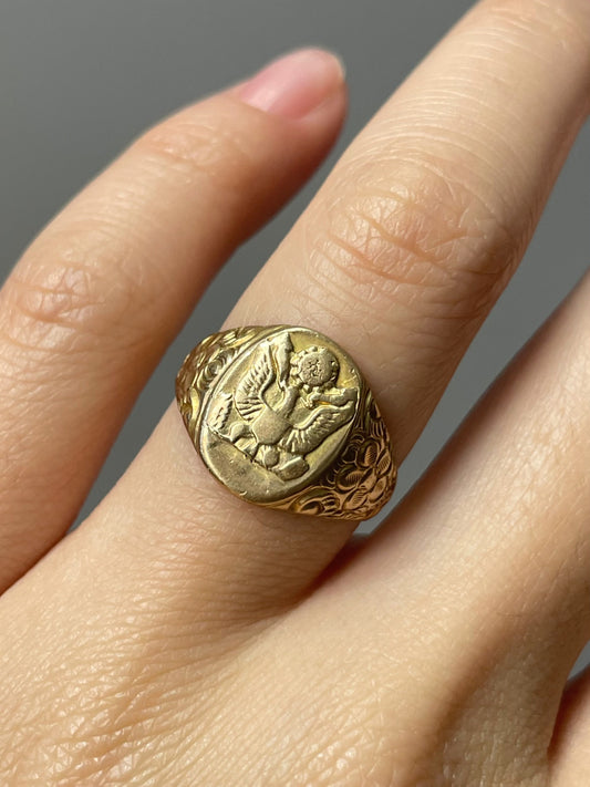 10K Yellow Gold Eagle Floral Signet Ring