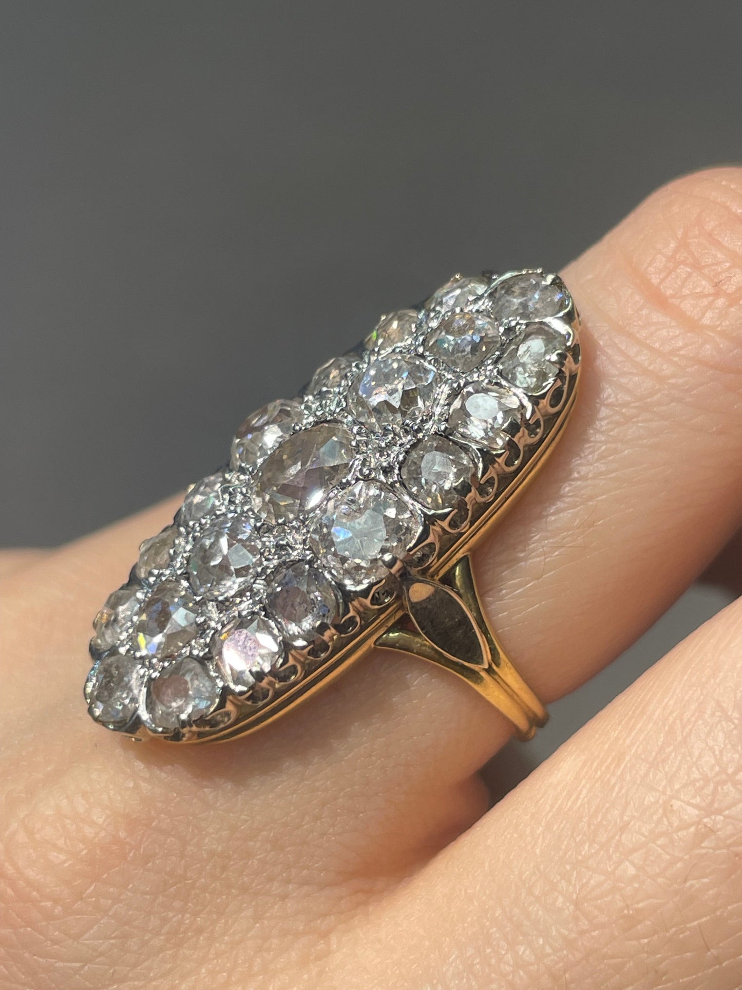 Antique French 18K Yellow Gold 6.5 CTW Old Mine Cut Diamond Oval Cluster Statement Ring