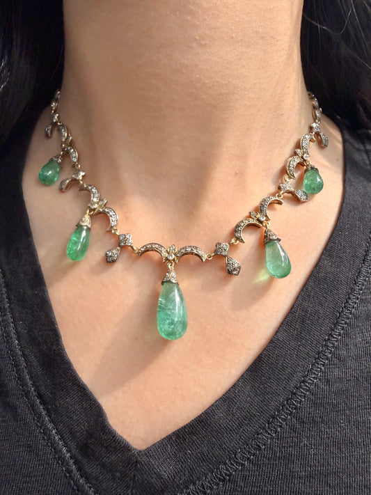 Antique 14K Gold Topped Silver Emerald Diamond Drop Necklace