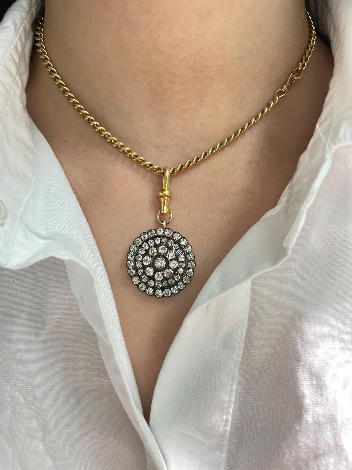 Antique 14K Gold 4.32 CTW Diamond Circle Cluster Pendant