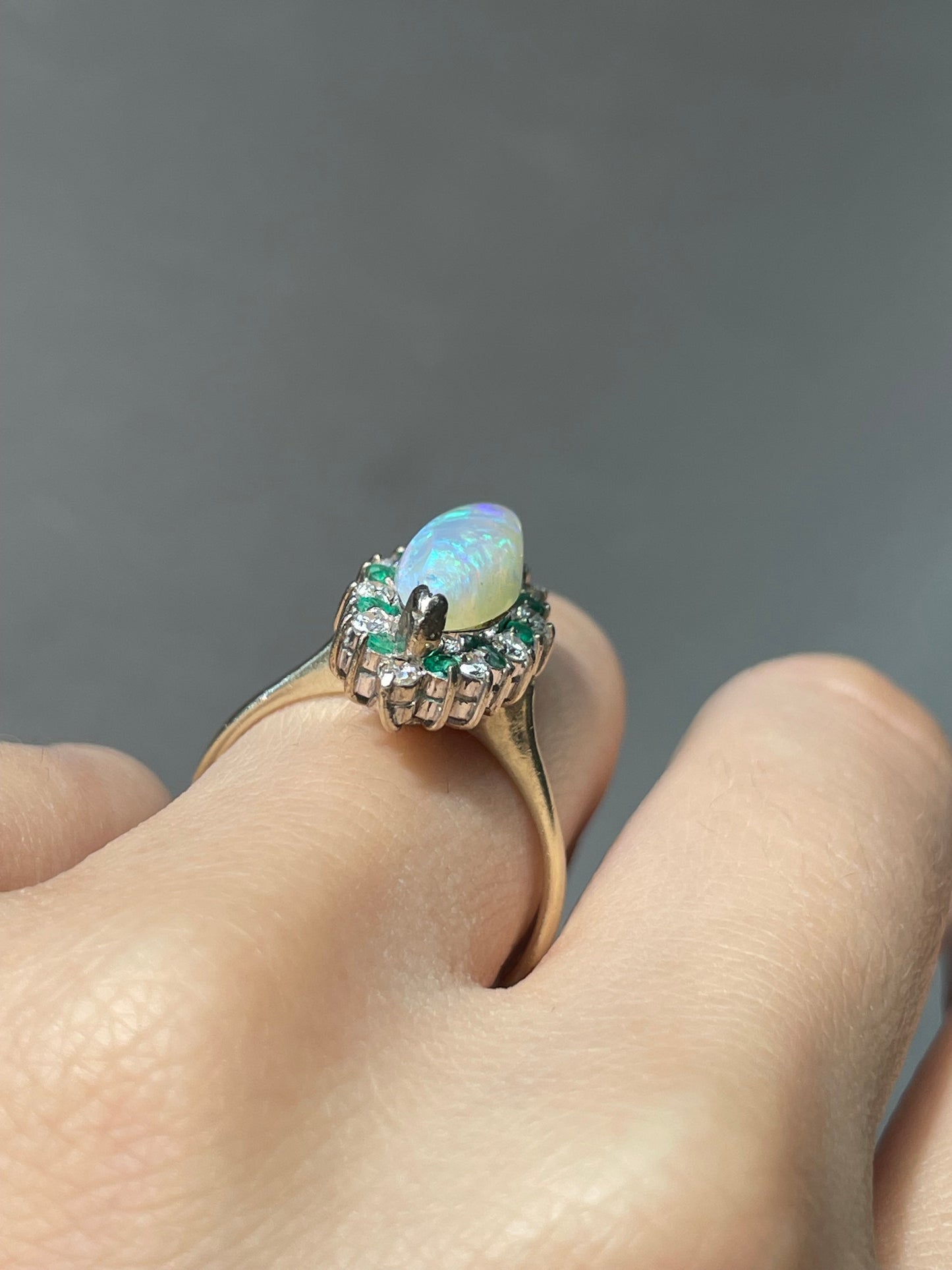 14K White Gold Marquise Opal Diamond Emerald Ring