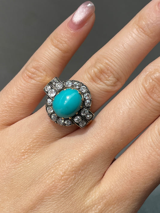 Antique Edwardian 14K Yellow Gold Turquoise 1.62 CTW Diamond Ring